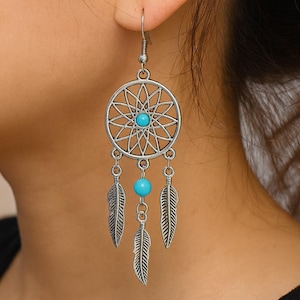 Feather Dreamcatcher Earrings | Silver And Turquoise Dreamcatcher Earrings | Boho Jewellery | Tribal Charms | Spiritual Earrings | Cosmic