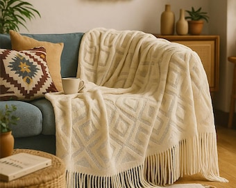 Diamond Textured Knit Tassel Throw Blanket – 50×71 in & 51×94.5 in - 6 Colours