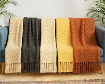 Tassel Throw Blanket: Lightweight Diamond Weave, Boho Decor