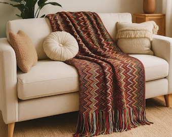 Boho Chevron Throw Blanket with Fringe – Cozy Zigzag Pattern for Sofa or Bed