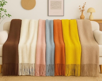 Textured Woven Throw Blanket with Fringe - Soft Couch Blanket