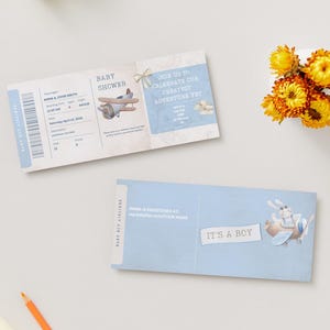 Bewerkbare vintage vliegticket uitnodiging babyshower – babyjongen luchtvaartmaatschappijen – instapkaartuitnodiging – reisthema – canvas – blauw en beige