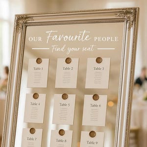 Può includere: Un tableau de mariage incorniciato in argento con la scritta "OUR Favourite PEOPLE Find your seat". Sono esposte nove schede, ciascuna con l'etichetta "Table" seguita da un numero e fissata con un sigillo circolare. La cornice è ornata.