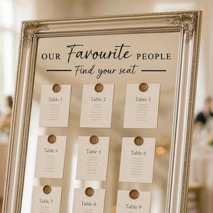 May include: A silver framed seating chart with the text "OUR Favourite PEOPLE Find your seat". Nine cards are affixed to the chart, each labeled with a table number and sealed with a gold wax seal.