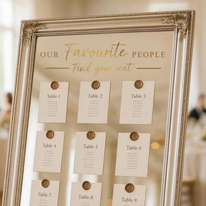 May include: A silver framed seating chart with the text "OUR Favourite PEOPLE Find your seat". Nine cards are attached, each labeled "Table" followed by a number. The cards are sealed with a gold wax seal.
