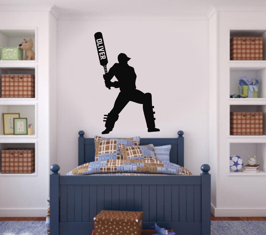 Personalised Cricket Wall Sticker | Custom Name Cricket Batsman Decal ...