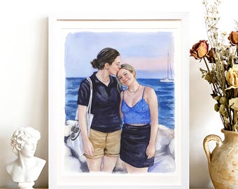 Retrato personalizado de amantes, arte de pared para pareja lesbiana, pintado a mano, regalos para parejas gay, retrato de boda, regalo para pareja lesbiana, regalos para parejas de mujeres