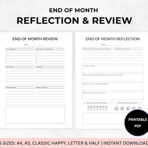 May include: Two printable PDF pages for end-of-month reflection and review. The pages are white with black text, featuring sections for highlights, goals, habits, and reflections. Includes a PDF button and size options.