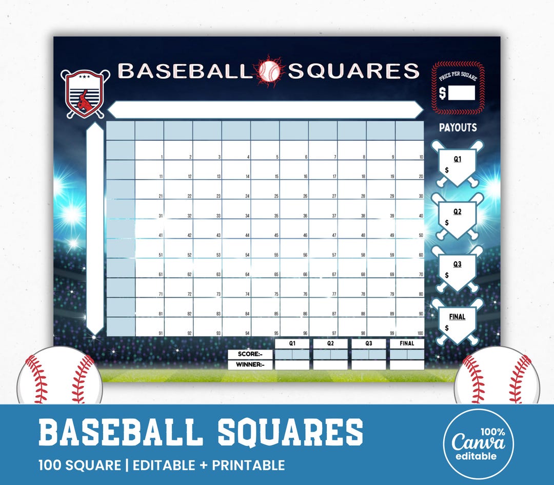 Editable Baseball Squares, 100 Square Baseball Fundraiser, Printable ...