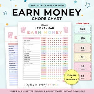 May include: A printable chore chart with the text "EARN MONEY" and a list of chores. Includes a bonus of printable play money in denominations of $1, $2, $3, $5, $10, and $20. The chart is editable and printable.