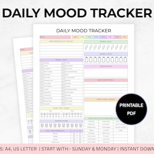 Op de afbeelding: Een afdrukbare PDF dagelijkse mood tracker met secties voor datum, emoties, stress, energieniveaus en meer. Het ontwerp bevat pastelkleurblokken en de tekst "DAILY MOOD TRACKER".