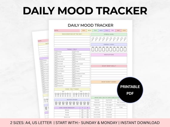 Daily Mood Tracker Simple, Printable Mood Track, Emotion tracker, Mood Journal, Mental health tracker, Anxiety Tracker, Instant Download PDF