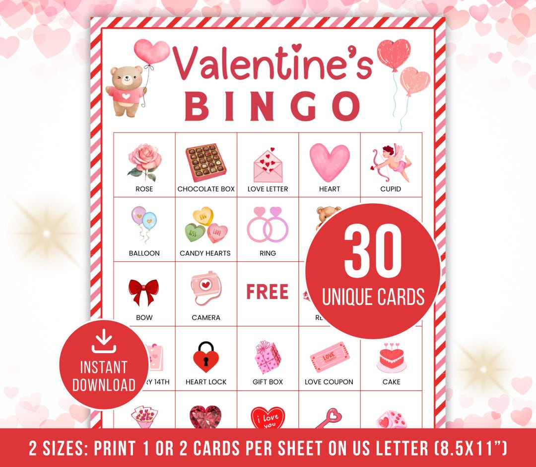 Valentine’s Day Bingo Game Printable for Kids & Adults, Unique Bingo ...