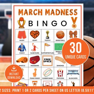 May include: A March Madness Bingo game card with basketball-themed illustrations and text. The card features a variety of images, including a basketball, trophy, and coach. The text includes "March Madness Bingo" and "30 Unique Cards".