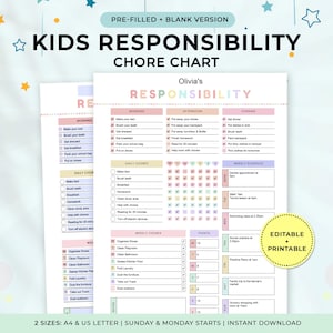 Bearbeitbares Diagramm für die Verantwortung von Kindern, druckbarer täglicher Wochenplan für Kinder, Liste für die Kinderarbeit, Checkliste für die tägliche Routine für Kinder, Brief, PDF