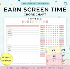 Może przedstawiać: Drukowana tabela zadań z tekstem "Earn Screen Time" i "How to Earn Screen Time". Tabela zawiera listę obowiązków, przedziały czasowe i kolumnę sumy. Dołączone są również drukowane "bucks" w nominałach 1, 2, 3, 5, 10 i 20 euro.