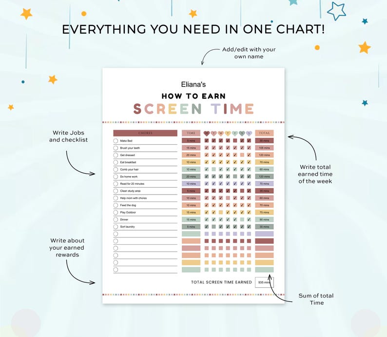 Editable Kids Screen Time Chart, Reward Chart, Screen Time Chore Chart ...