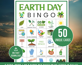 Earth Day Bingo Spiel, 50 Earth Day Bingo Karten, Earth Day bedruckbar, Earth Day Bingo Geburtstagsparty, Earth Day Partyspiel für Kinder und Erwachsene