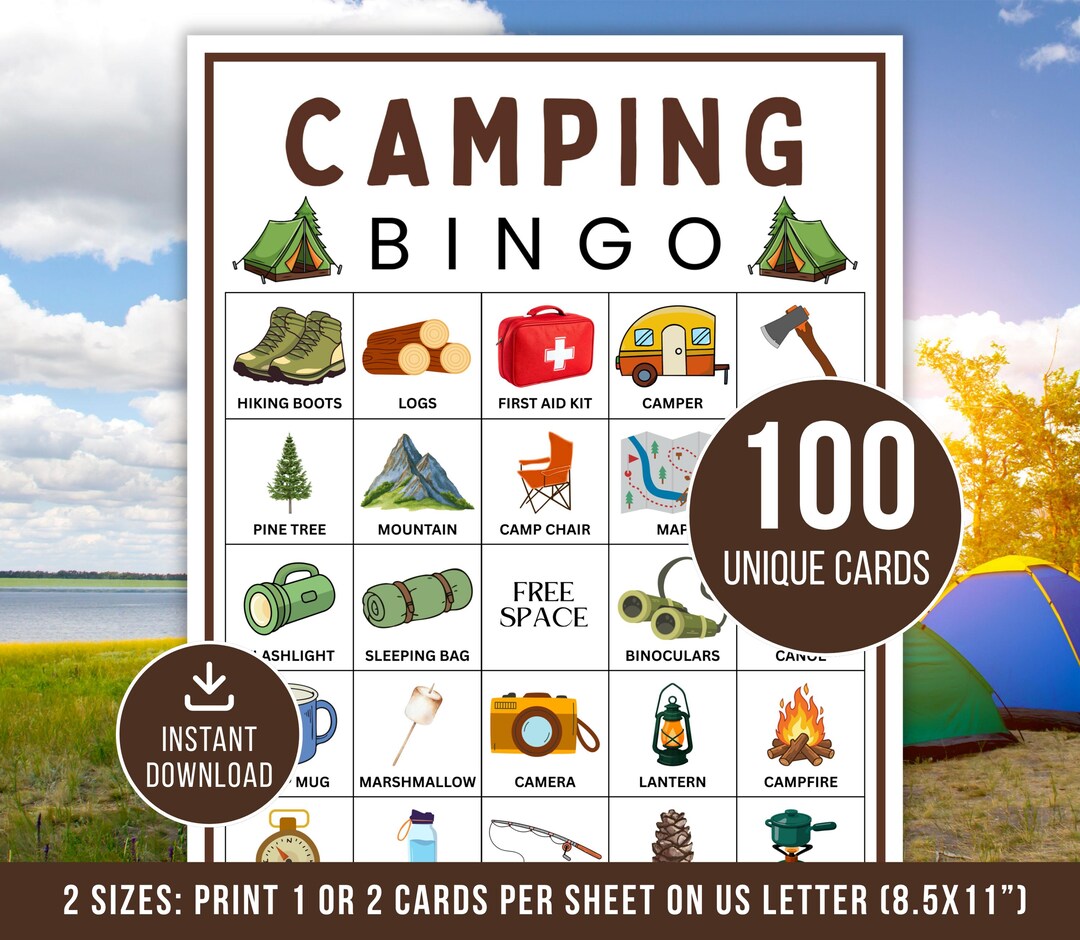 Camping Bingo, 100 Camping Bingo Cards, Camping Bingo Game, Printable ...