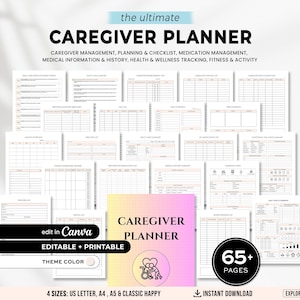 May include: A printable caregiver planner with over 65 pages, featuring sections for medication management, health tracking, and checklists. The planner is available in US Letter, A4, A5, and Classic Happy sizes. The cover has a gradient of pink and yellow.