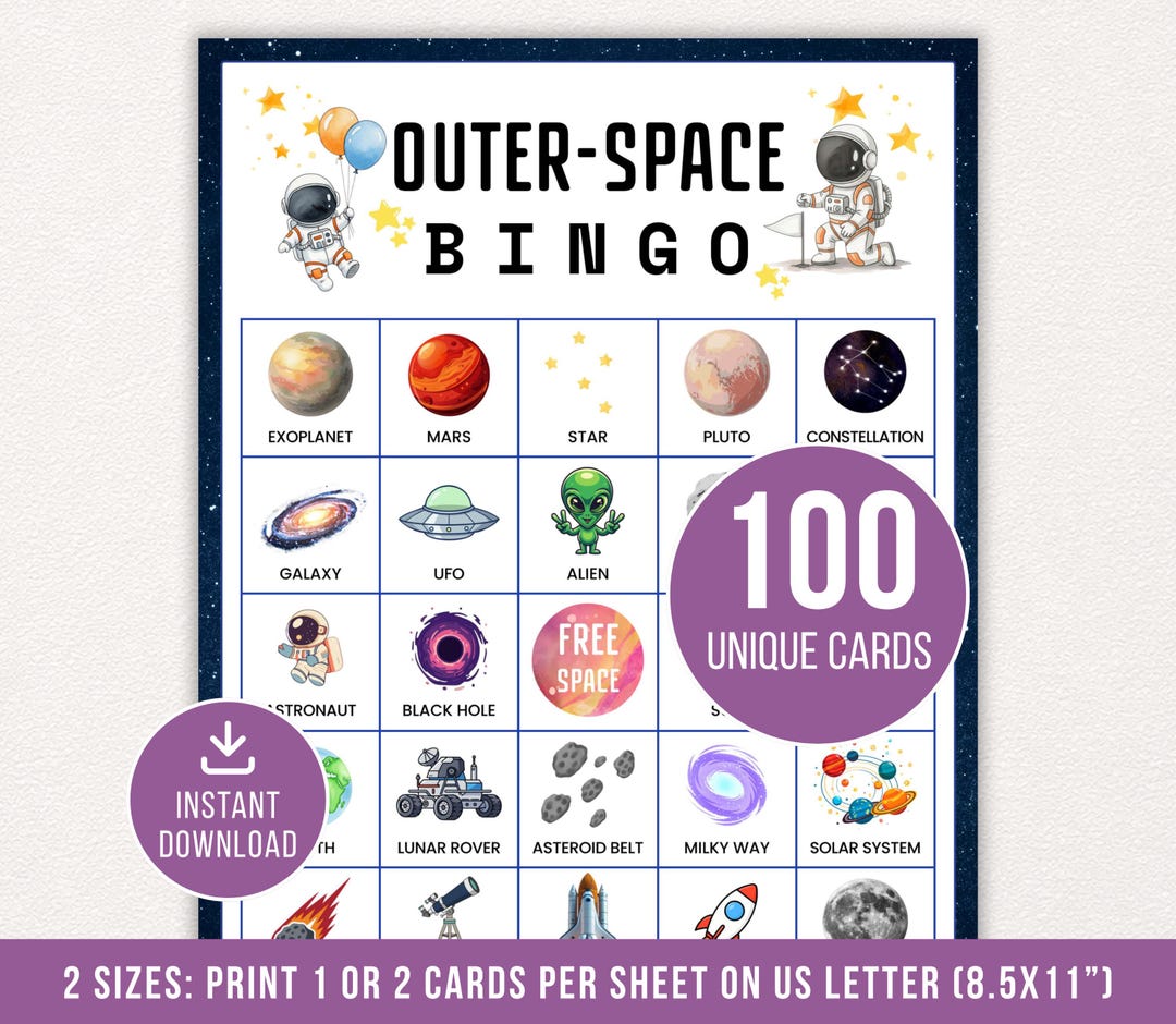 Outer Space Bingo, Solar System Bingo, 100 Printable Space Bingo Cards ...