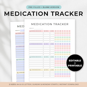 Könnte beinhalten: Ein weißer Medikamenten-Tracker mit dem Titel "MEDICATION TRACKER" in fetten schwarzen Buchstaben. Der Tracker enthält Abschnitte für Morgen-, Nachmittags-, Abend- und andere Medikamente mit Platz für Dosis und Zeit. Der Text "PRE-FILLED + BLANK VERSION" steht oben.