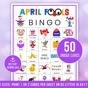 以下が含まれることがあります： ピエロ、ジョーク、いたずらのイラストが描かれた、カラフルなエイプリルフールビンゴゲームカード。「April Fools Bingo」と「50 Unique Cards」の文字が表示されています。2つのサイズがあり、USレター（21.6 x 27.9 cm）の用紙に1枚または2枚のカードを印刷できます。