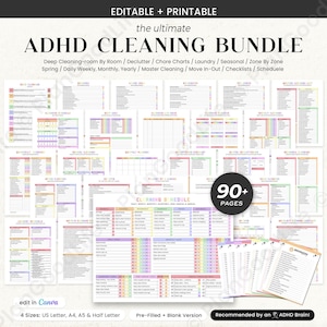 May include: A printable ADHD cleaning bundle with over 90 pages. The bundle includes checklists, schedules, and charts for deep cleaning, decluttering, and more. The bundle is available in US Letter, A4, A5, and Half Letter sizes. The text on the image says "ADHD Cleaning Bundle".