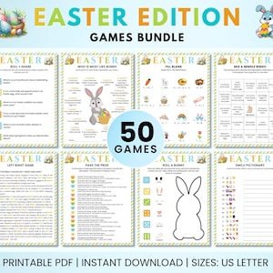 May include: An Easter-themed games bundle with the text "Easter Edition Games Bundle" and "50 Games." The bundle includes various game sheets with colorful graphics and text. The image also includes a bunny illustration.