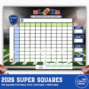 Cuadrados de fútbol para el Super Big Game, quiniela del Super Big Bowl 2026, quiniela de 100 cuadrados, juego de fútbol para recaudar fondos, imprimible, descarga instantánea