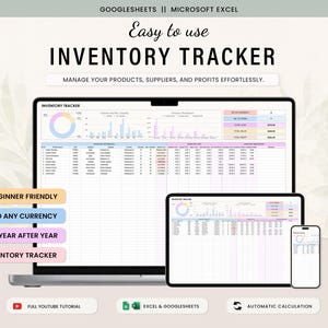 May include: A digital inventory tracker displayed on a laptop, tablet, and smartphone. The text "Easy to use INVENTORY TRACKER" is at the top. Additional text includes "Beginner Friendly", "Set to any currency", and "Re-use year after year".