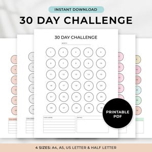 Pode incluir: Um conjunto de páginas PDF imprimíveis brancas com um design de calendário de desafio de 30 dias. O calendário apresenta círculos numerados para cada dia, com o texto "30 DAY CHALLENGE" no topo. A imagem também inclui o texto "INSTANT DOWNLOAD" e "PRINTABLE PDF".