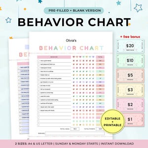 Könnte beinhalten: Ein druckbares Verhaltensdiagramm mit dem Text "Behavior Chart" und "Olivia's". Enthält eine Checkliste, einen Belohnungsbereich und Bonusspielgeld. Erhältlich in A4- und US-Letter-Größen.