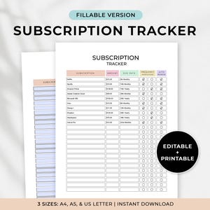 Puede incluir: Un rastreador de suscripciones blanco con el título "SUBSCRIPTION TRACKER" en negro. El rastreador incluye columnas para suscripción, cantidad, fecha de vencimiento, frecuencia y renovación automática. El texto "FILLABLE VERSION" está en la parte superior. El texto inferior dice "3 SIZES: A4, A5, & US LETTER | INSTANT DOWNLOAD".