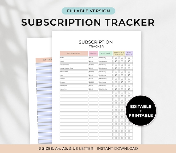 Editable Subscription Tracker, Monthly Subscription Log, Printable Membership Checklist, Expense Tracker, Bill Tracker, A4/A5/Letter, PDF