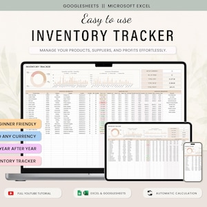 May include: A digital inventory tracker displayed on a laptop, tablet, and smartphone. The text "Easy to use INVENTORY TRACKER" is at the top. Additional text includes "Beginner Friendly", "Set to any currency", and "Re-use year after year".