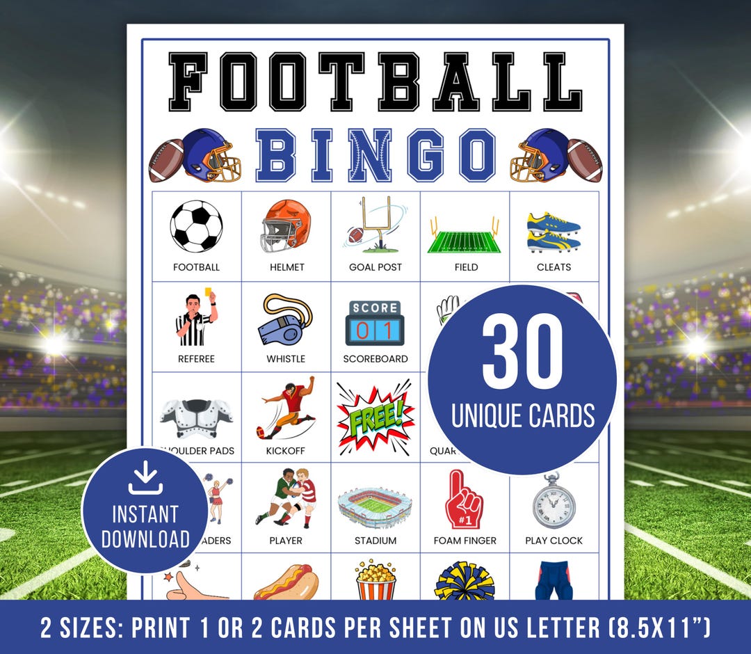 Football Bingo Game Printable | 30 Unique Football Bingo Cards for Kids ...