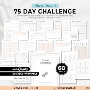 Editable 75 Day Challenge Planner, Printable 75 Soft Challenge Template, 75 Medium Tracker, Weight Loss Journal, Fitness Workout Planner
