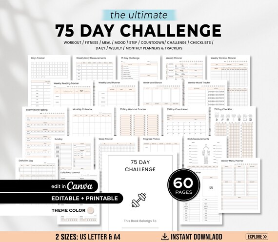 Editable 75 Day Challenge Planner, Printable 75 Soft Challenge Template, 75 Medium Tracker, Weight Loss Journal, Fitness Workout Planner