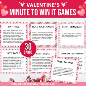 May include: Valentine's Day Minute to Win It Games printable cards. The design features red and pink hearts, with game instructions on cards. The text includes "On a Roll", "Hold Your Tongue", and "Heart Transplant".
