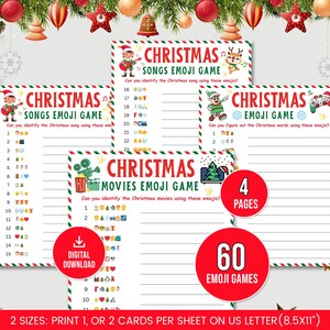 May include: Four printable Christmas emoji game sheets with red and green borders. The games include Christmas songs, movies, and general Christmas words. The image also includes a digital download button and states there are 60 emoji games.