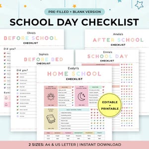May include: A collection of printable school checklists in pastel colors. The checklists include "Before School", "After School", "Before Bed", and "Home School" routines. The image also includes the text "School Day Checklist", "Editable + Printable", and "2 Sizes: A4 & US Letter".