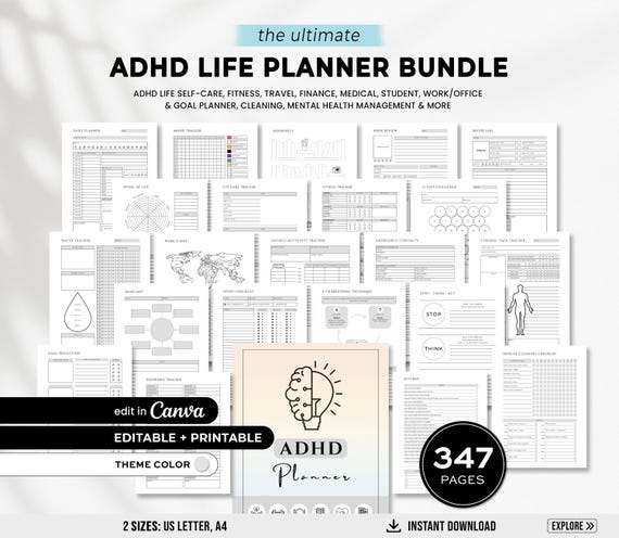 Adhd planner printable, Adhd life planner, adhd digital planner, adhd self care daily planner, Editable Adult ADHD Productivity journal, pdf