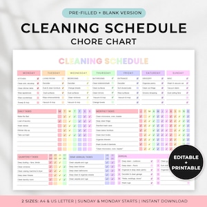 Può includere: Un grafico delle attività di pulizia stampabile con una combinazione di colori pastello. Il grafico include attività giornaliere, settimanali, mensili, trimestrali, semestrali e annuali. Il testo "CLEANING SCHEDULE CHORE CHART" è in alto. Disponibile nei formati A4 e US Letter.