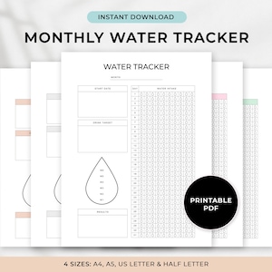 May include: A stack of white printable water tracker sheets with the text "MONTHLY WATER TRACKER" and "WATER TRACKER". The sheets include sections for start date, drink target, and daily water intake tracking. The image also includes the text "INSTANT DOWNLOAD" and "PRINTABLE PDF".