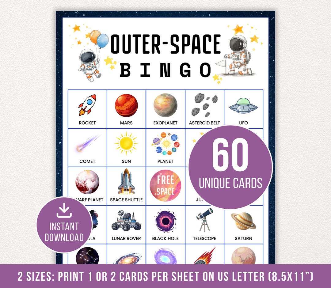 Outer Space Bingo, Solar System Bingo, 60 Printable Space Bingo Cards ...