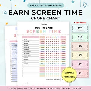 Może przedstawiać: Drukowany wykres zadań zatytułowany "Earn Screen Time" w pastelowej kolorystyce. Wykres zawiera listę obowiązków, szacunki czasu i system nagród z zabawką pieniężną. Widoczny jest również tekst "Editable + Printable".