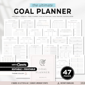 Op de afbeelding: Een zwart-witte doelplanner met 47 pagina's, met dagelijkse, wekelijkse, maandelijkse en jaarlijkse planningssecties. De planner bevat doeltrackers, actieplannen en beoordelingspagina's. De tekst "Goal Planner" is prominent aanwezig.