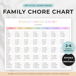 Puede incluir: Un colorido cuadro de tareas familiares con el texto "FAMILY CHORE CHART" en la parte superior. El cuadro está dividido en días de la semana y enumera las tareas para cada miembro de la familia. Incluye el texto "2-6 FAMILY MEMBERS".