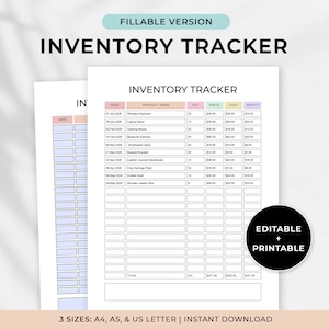 以下が含まれることがあります： 上部に「INVENTORY TRACKER」という文字が入った白い在庫トラッカーテンプレート。テンプレートには、日付、製品名、数量、価格、コスト、利益の列が含まれています。「EDITABLE + PRINTABLE」という文字は黒い円の中にあります。画像の下部には「3サイズ：A4、A5、およびUS LETTER | INSTANT DOWNLOAD」と書かれています。